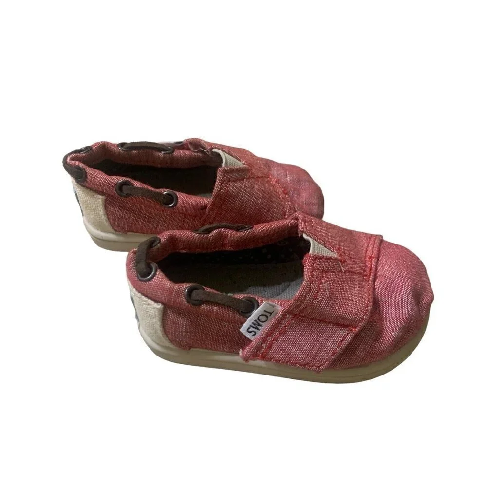 Toms Toddler Tiny Alpargata Woven Slip on Shoes Size T4 Red Leather Accents Red